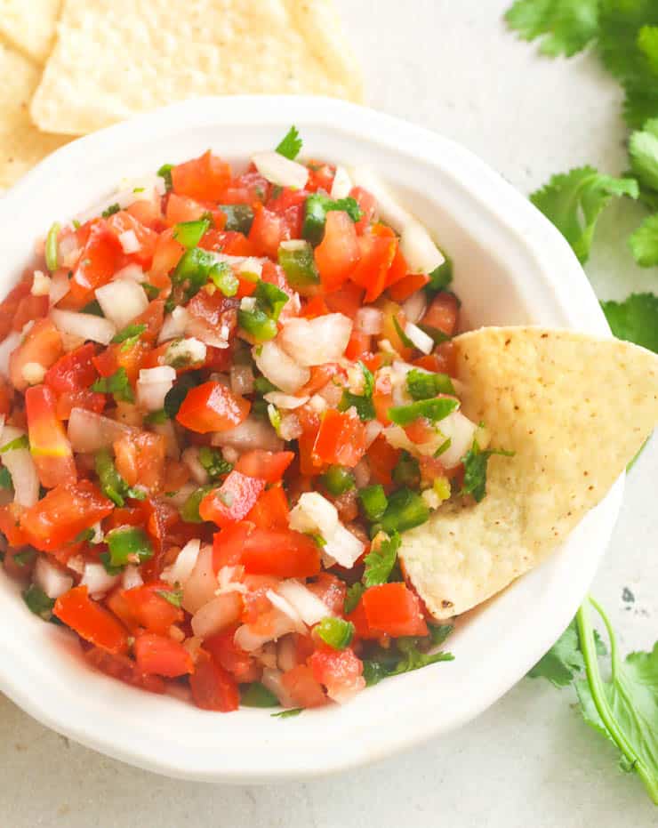 Pico de Gallo with homemade tortilla chips ideal for the Super Bowl