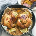 Roasted Cornish hens in a cast iron skillet