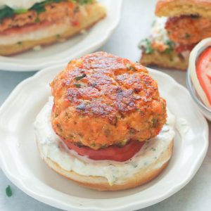 Salmon Burger on a white plate