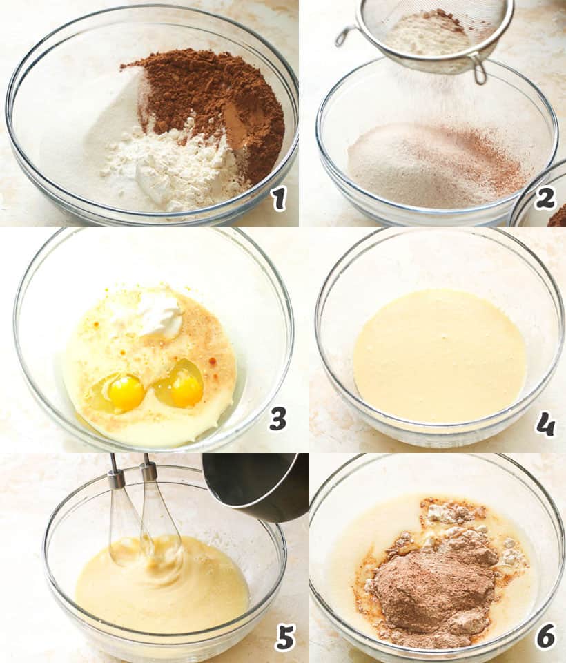 Make the batter by mixing the dry and wet ingredients, then mixing them together