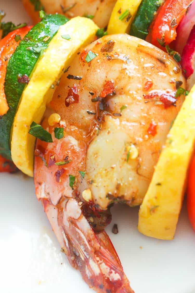 Grilled Shrimp Kabobs closeup with zucchini, squash, and bell peppers