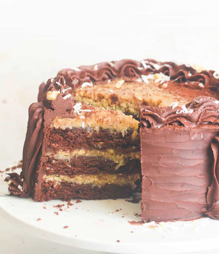 German Chocolate Cake with One Slice Off