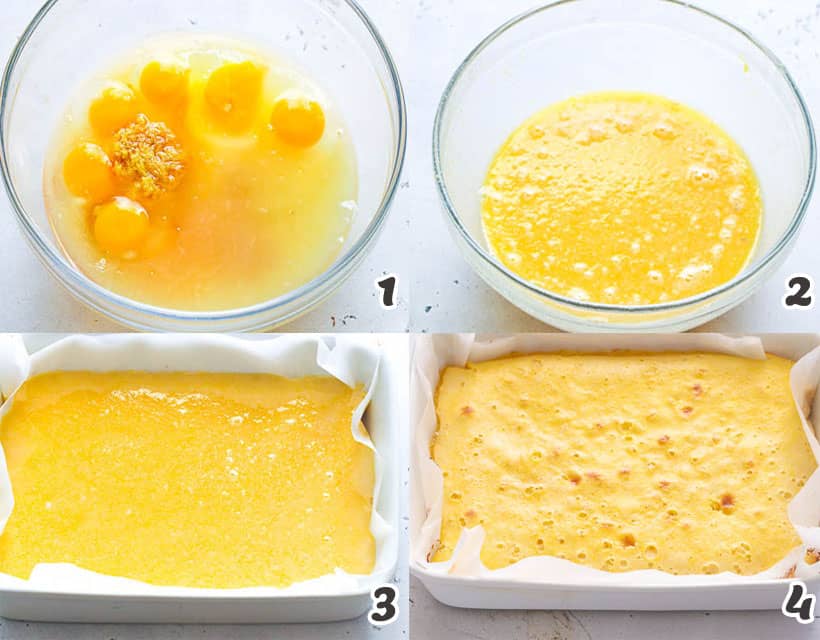 Beat the eggs, lemon juice, and the rest of the ingredients and top the shortbread crust