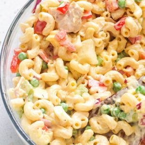 Creamy Tuna Macaroni Salad with bright veggies and a mayo dressing