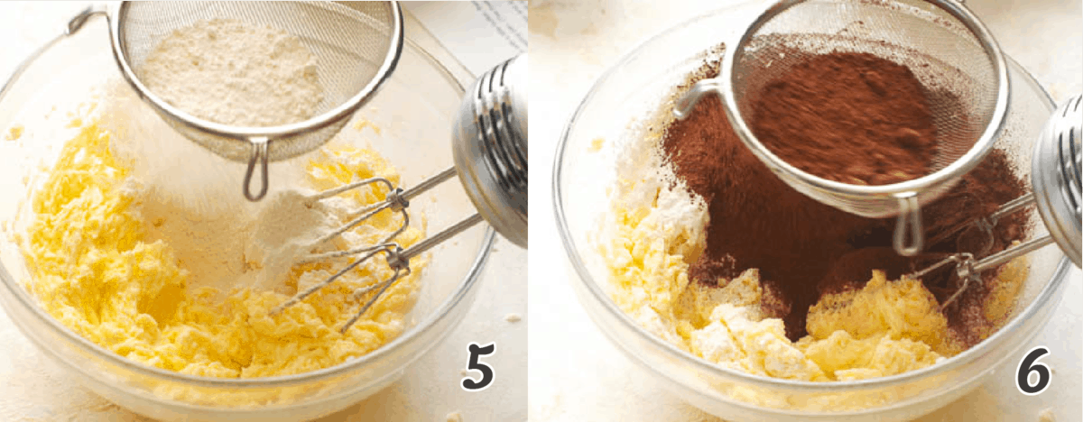adding the cocoa powder into the cake batter mix
