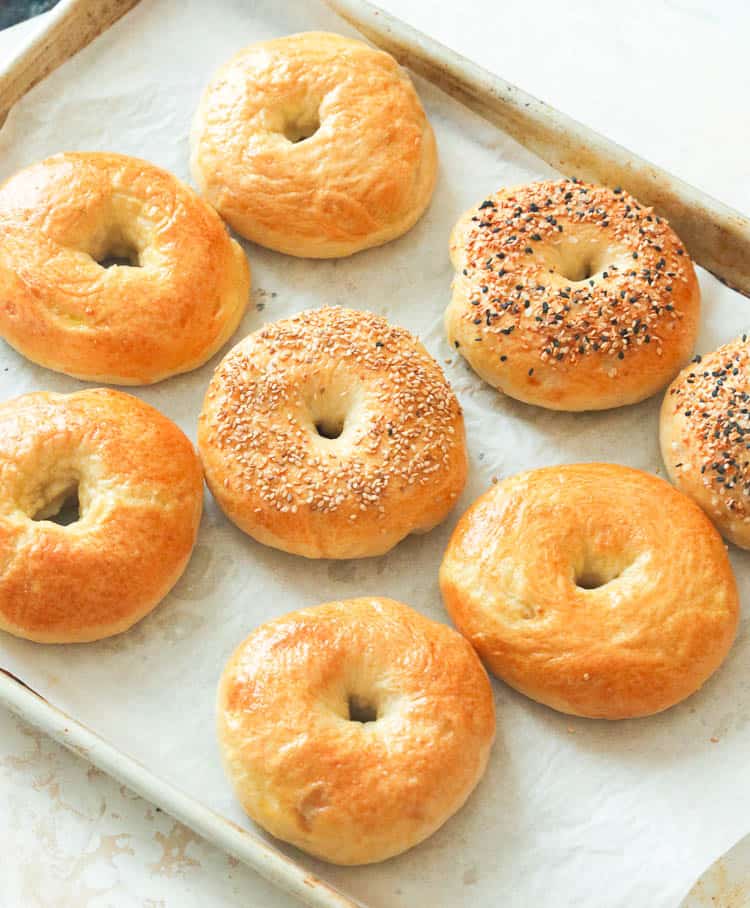 The bagel recipe completed and resting on a baking tray.