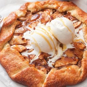 Apple Galette topped with scoops of vanilla ice cream