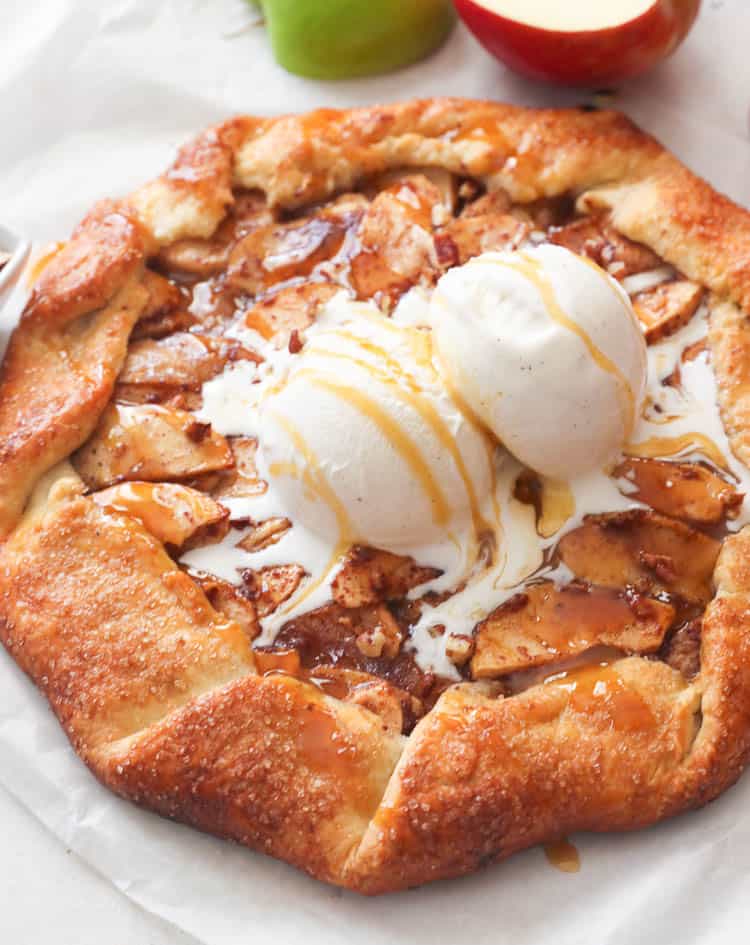 Apple Galette topped with scoops of vanilla ice cream