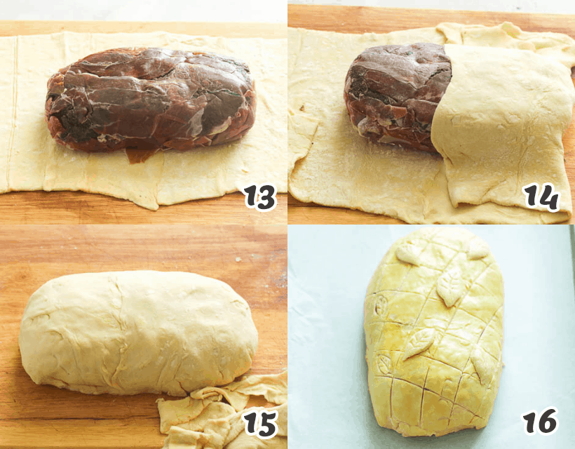 Wrapping the tenderloin in puff pastry, then decorating