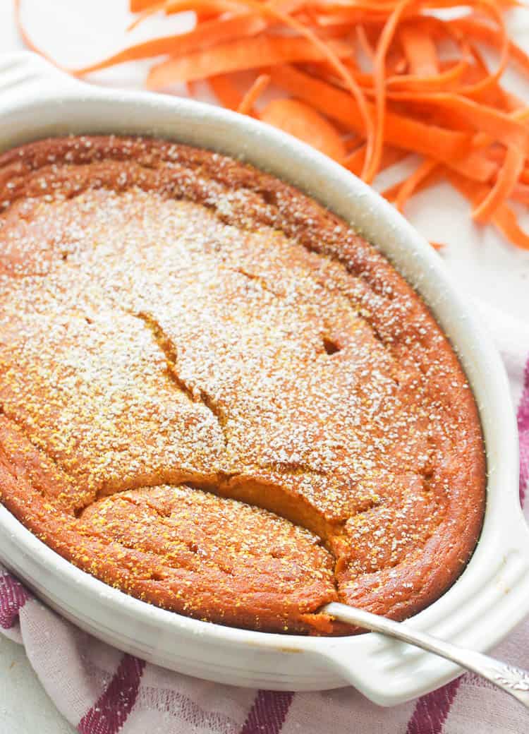 Freshly baked Carrot Souffle topped with powdered sugar