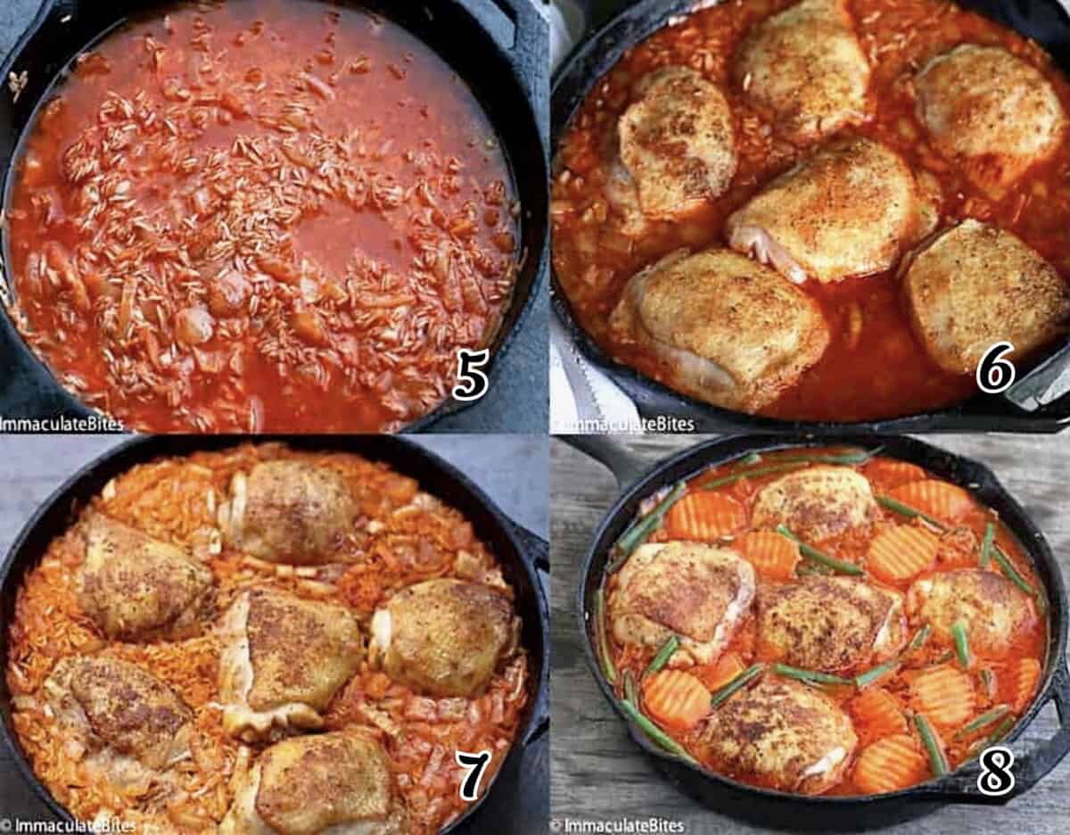 Add the liquid, return the chicken to the pan, and cook until the rice is tender.