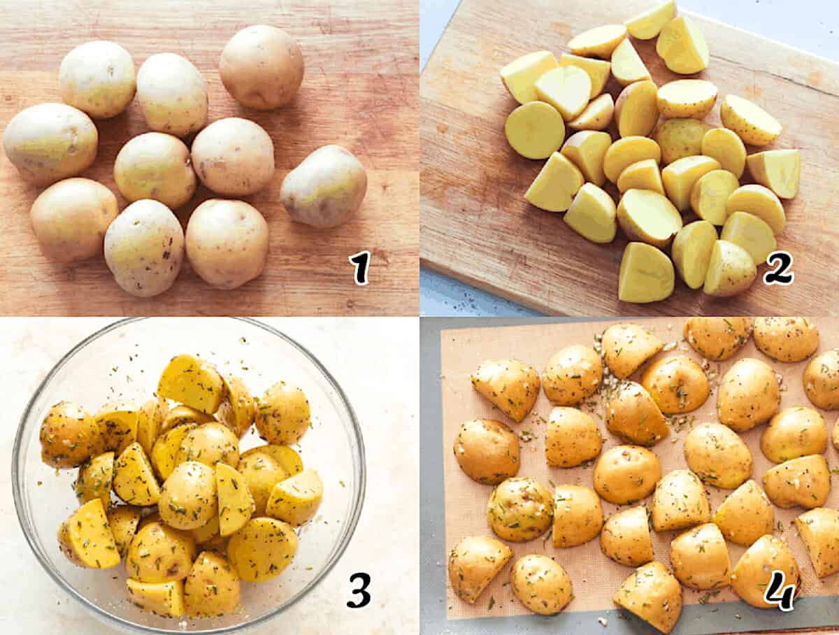 Clean the spuds, season them, then bake.