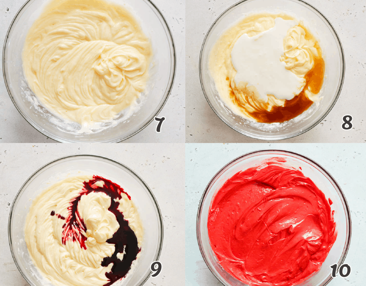 turning the cupcake batter red with food coloring