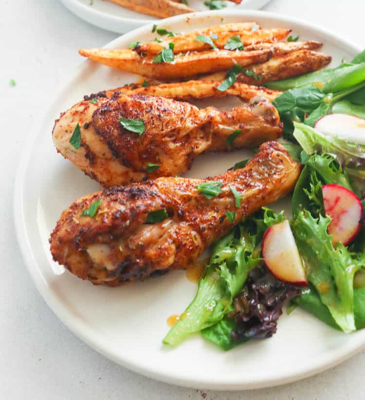 Air Fryer Chicken Legs with French Fries and Salad