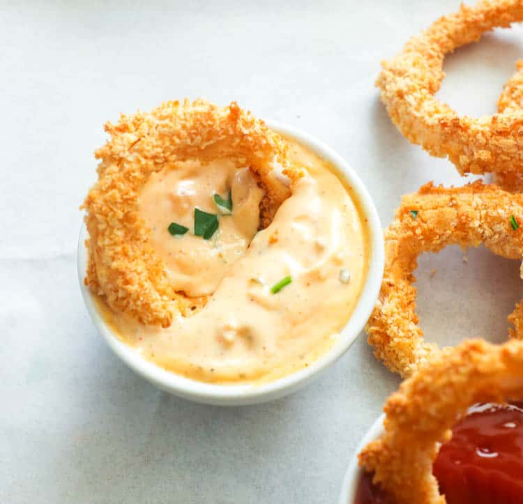 Air Fryer Onion Rings with remoulade and ketchup