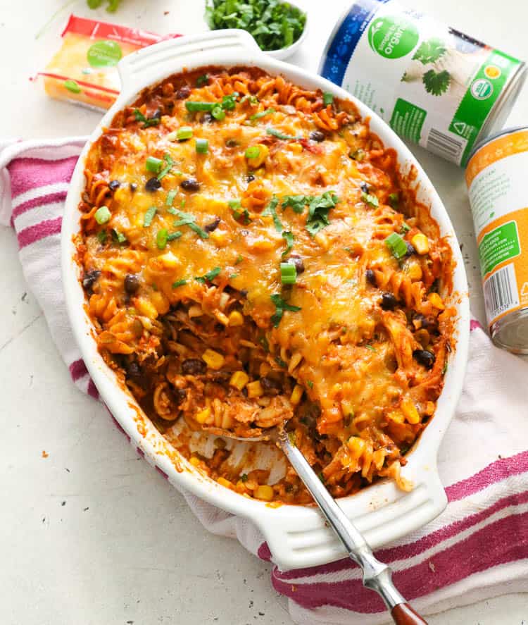 Chicken Fiesta Casserole with Canned Ingredients in the Background