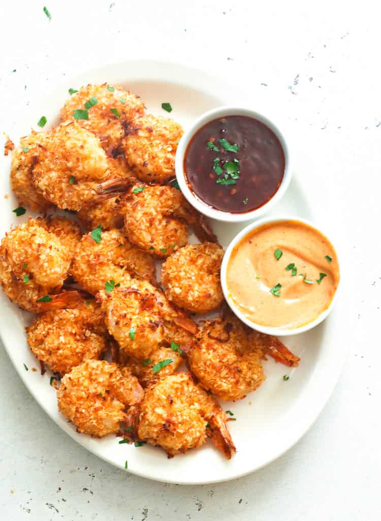 Air Fryer Coconut Shrimp in a White Plate