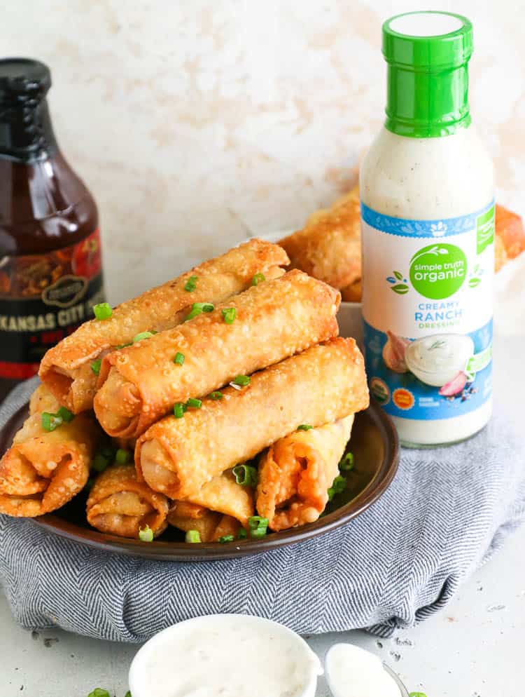 Pulled Pork Egg Rolls served with Ranch Dressing and BBQ Sauce