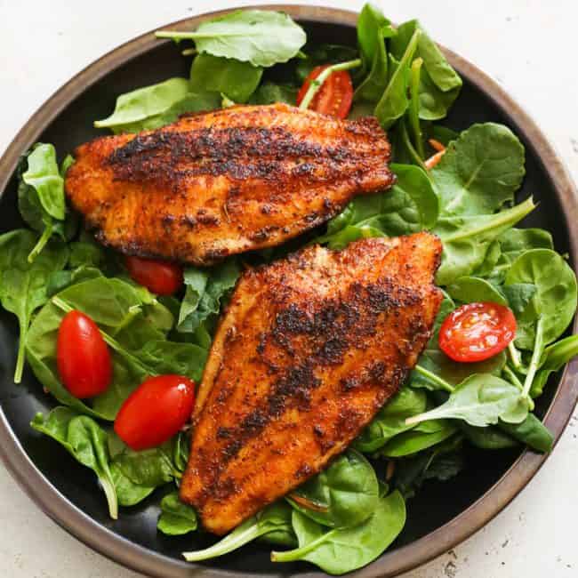 Green Salad topped with Blackened Catfish