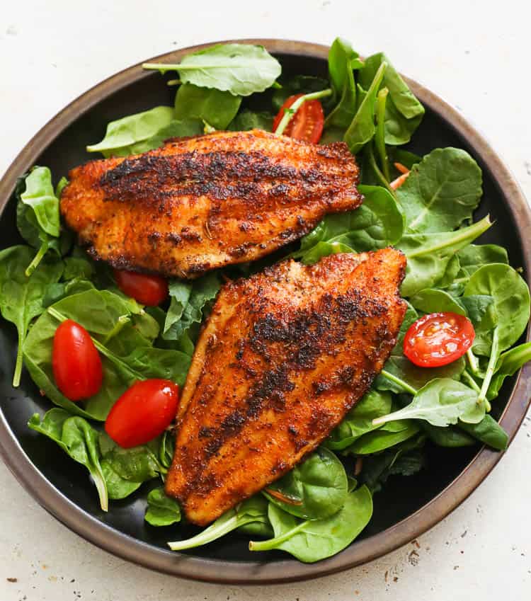 Green Salad topped with Blackened Catfish