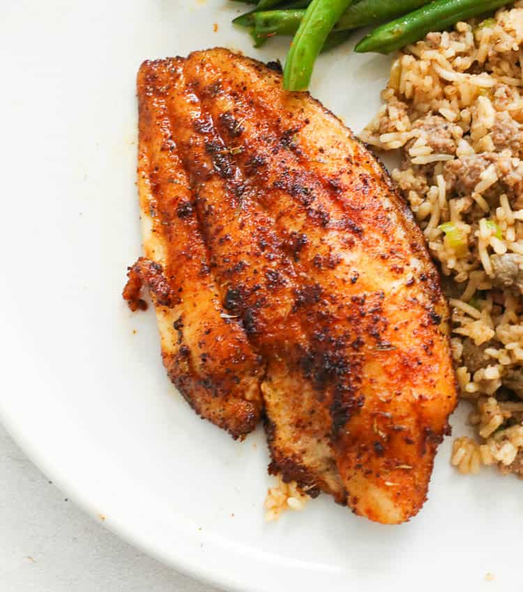 Blackened Catfish with Rice and Green Beans on the Side