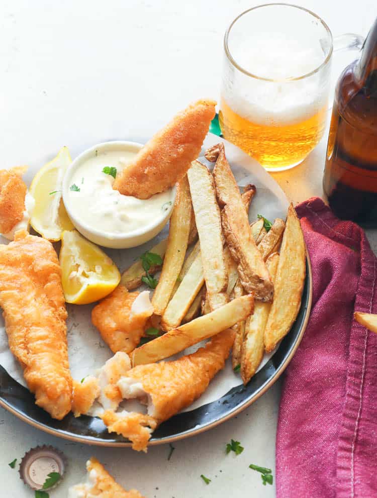 Dipped Fish with Chips and Beer on the Side