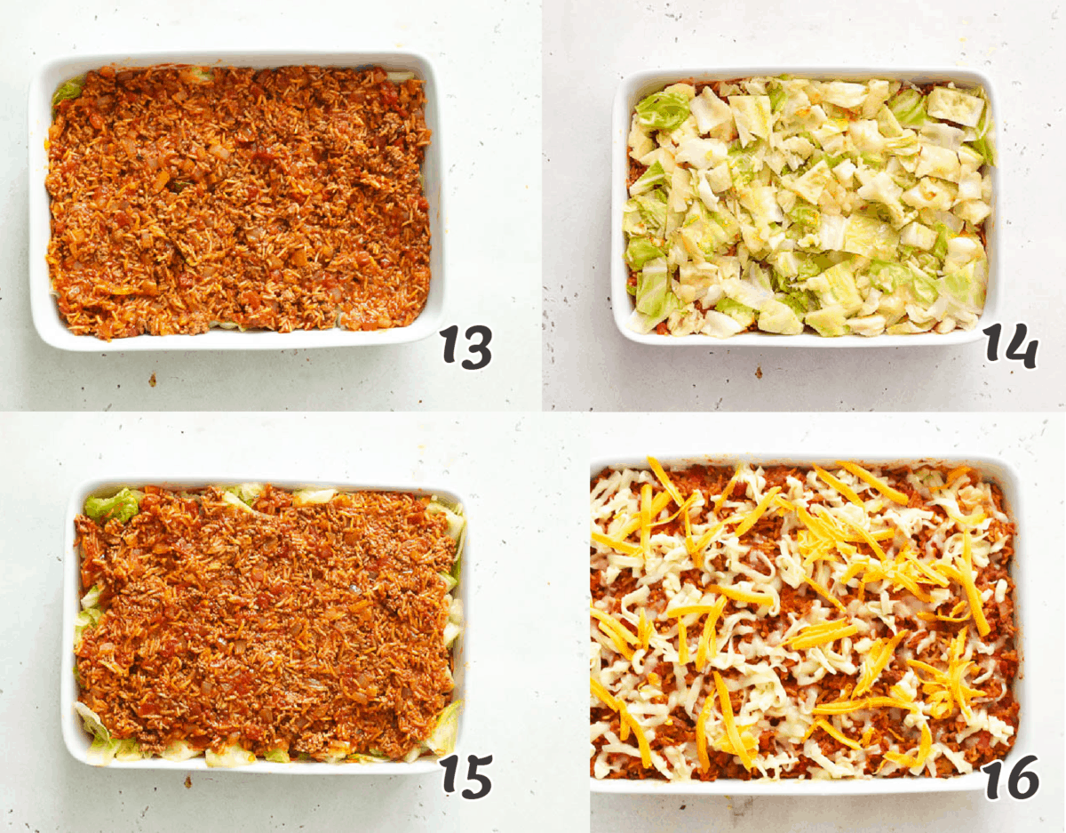 assembling the casserole with a cheesy topping