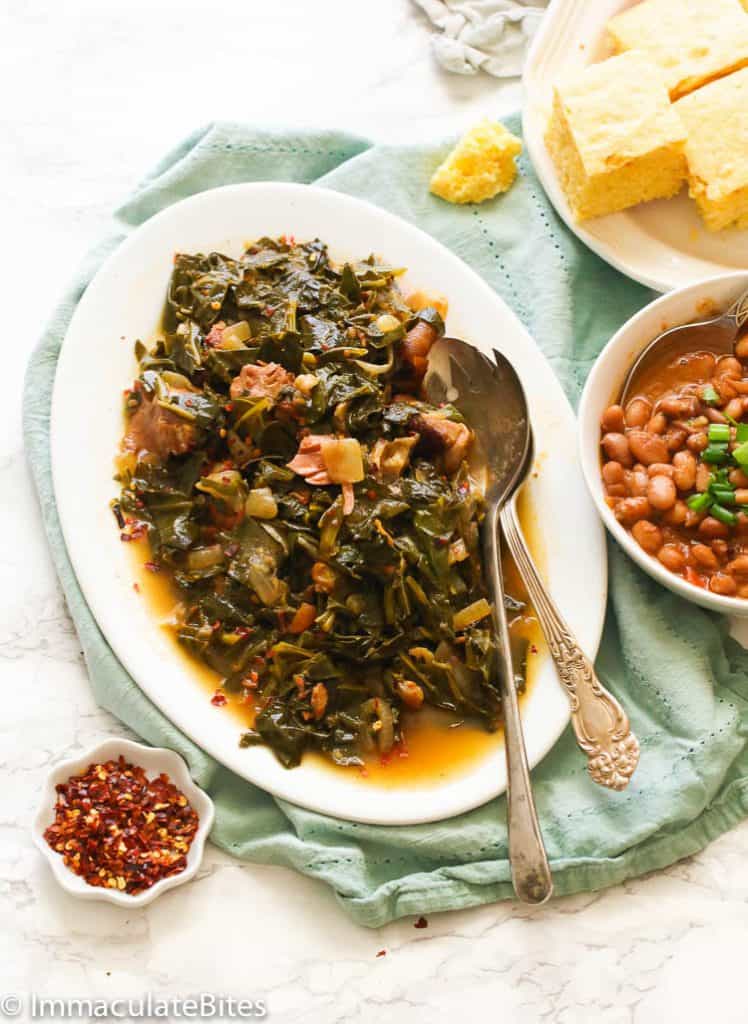 Collard Greens Served with Cornbread and Baked Beans