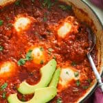A pot of Eggs in Purgatory with avocado