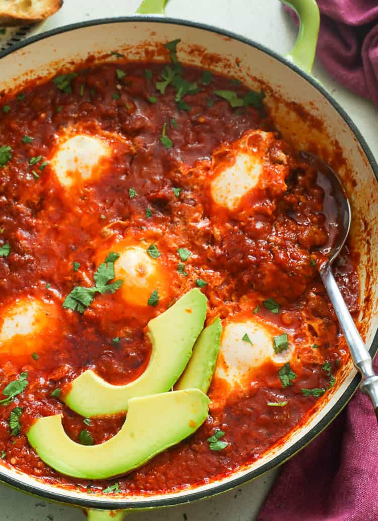 A pot of Eggs in Purgatory with avocado