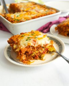 slice of cabbage roll casserole with a silver fork