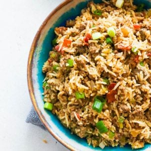 Close up Shot of Cajun Rice in a Blue Bowl