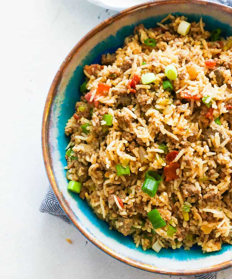 Close up Shot of Cajun Rice in a Blue Bowl