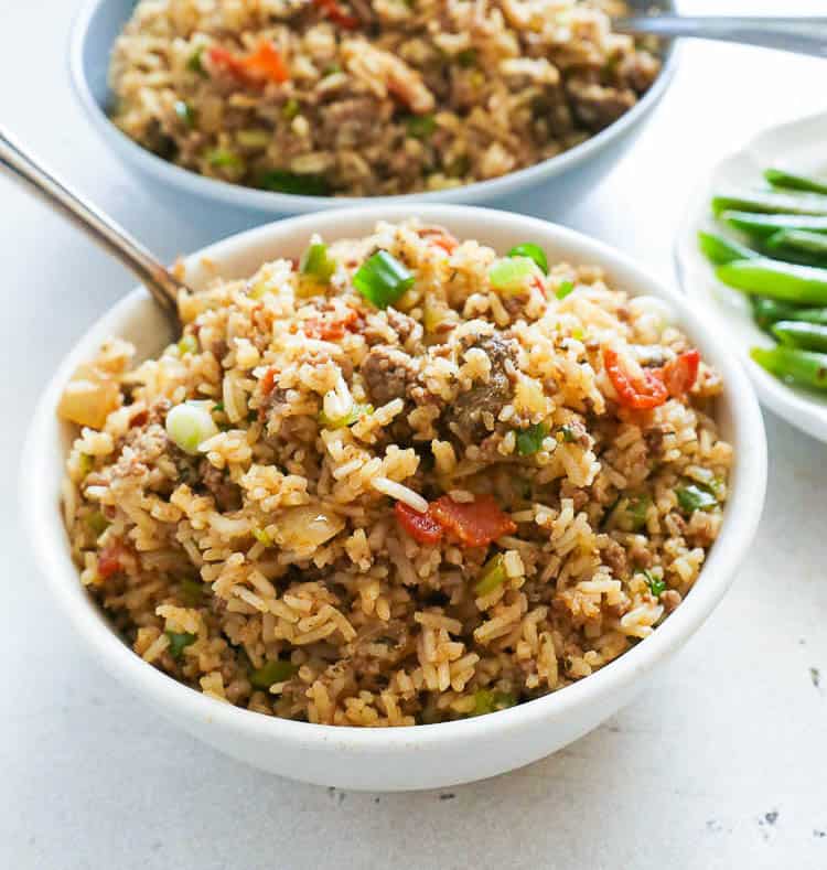 Cajun Rice in a White Bowl with Spoon