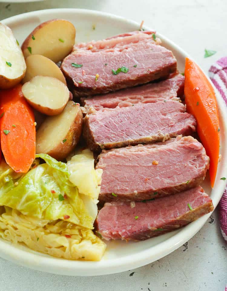 Slices of Corned Beef with Potatoes, Carrots, and Cabbage