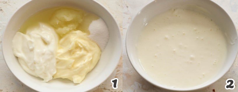 Mixture of sour cream, mayonnaise, grated onion, honey, and lemon juice