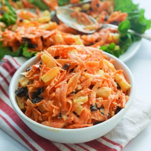 Carrot Raisin Salad in a White Bowl