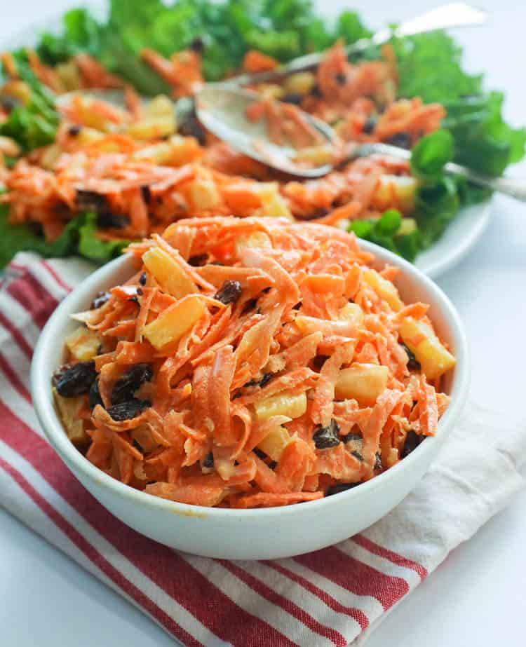 Carrot Raisin Salad in a White Bowl