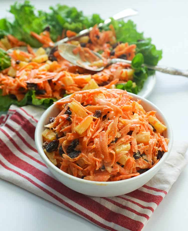 Carrot Raisin Salad in a White Bowl