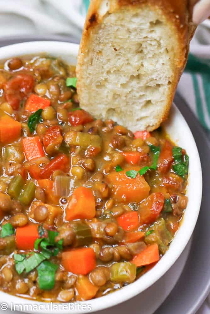 Lentil Soup with a Slice of Crusty Bread