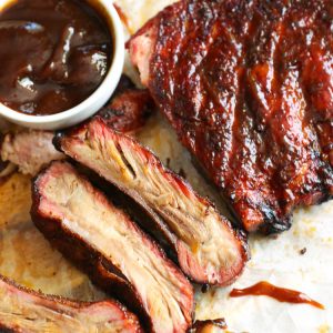 Smoked Ribs 3-2-1 Method with barbecue sauce