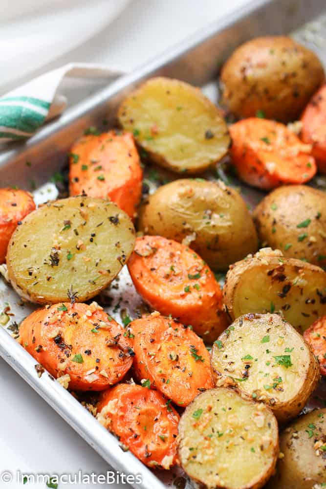 A pan of Roasted Potatoes and Carrots