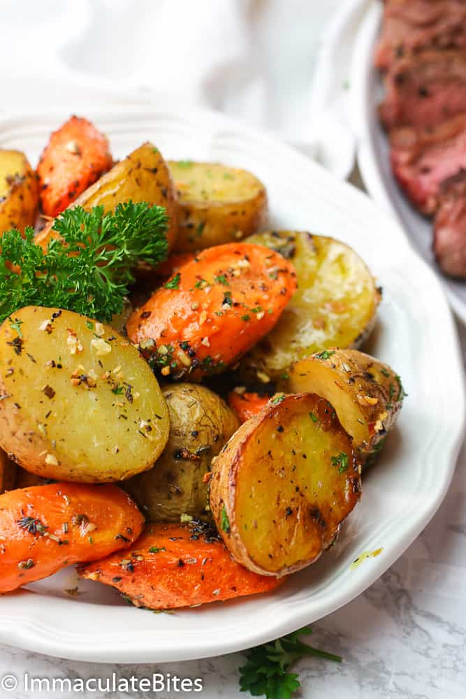 A plate of Roasted Potatoes and Carrots