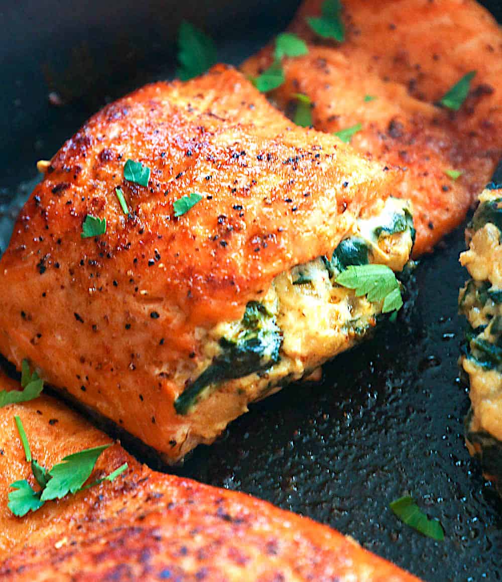 Salmon stuffed with spinach for a hearty quick dinner