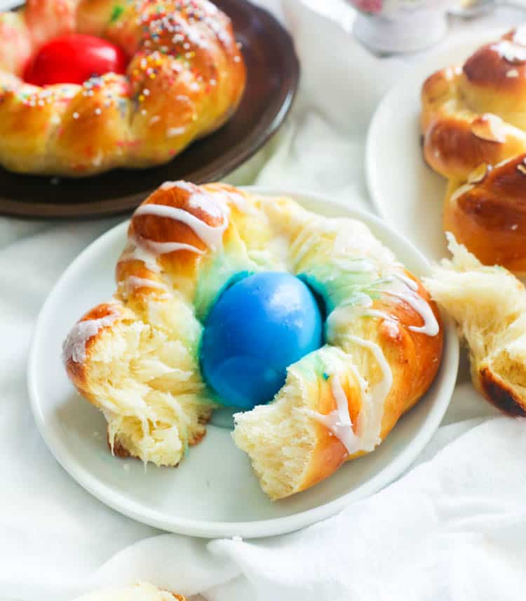 Ripped Apart Individual Easter Bread with Blue Dyed Egg in the Middle