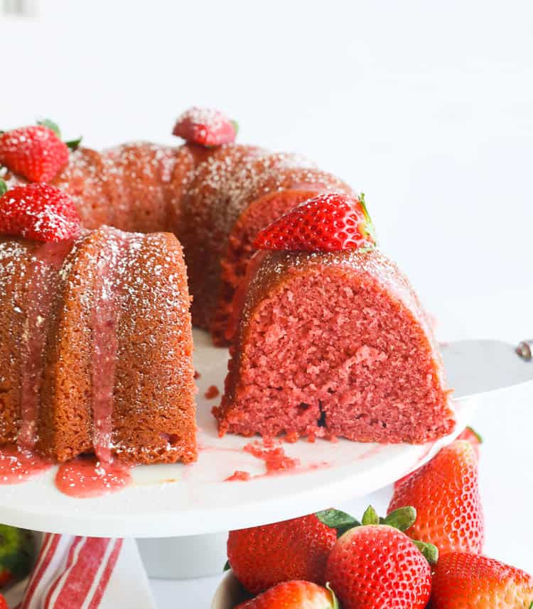 Strawberry Pound Cake on a cake stand