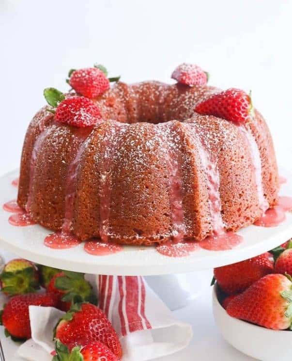 Fruit Desserts - Strawberry Pound Cake glazed with Sugar Strawberry puree