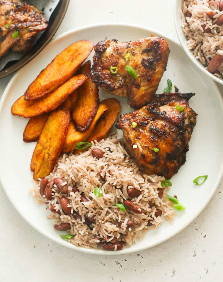 jamaican jerk chicken with rice and peas and fried plantains