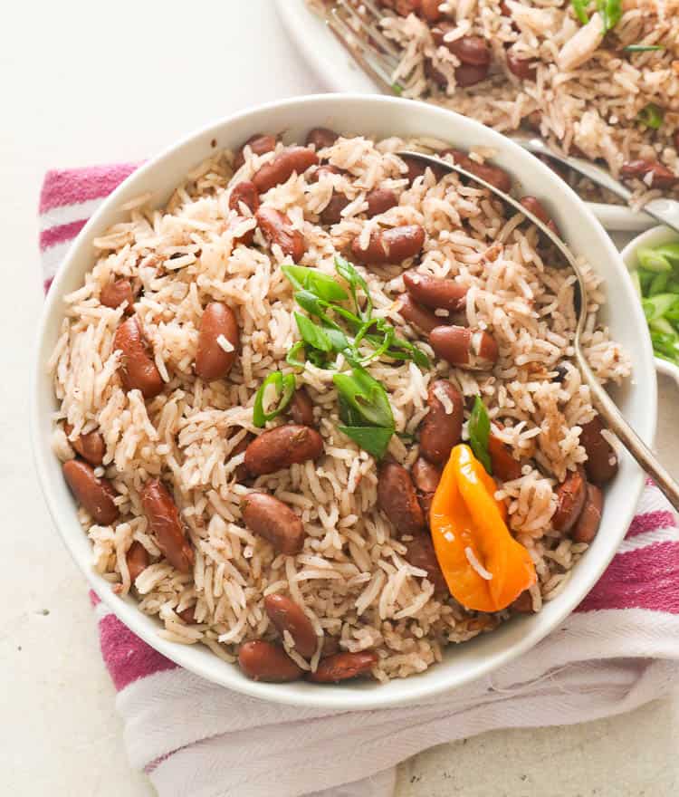 jamaican rice and peas on a white bowl