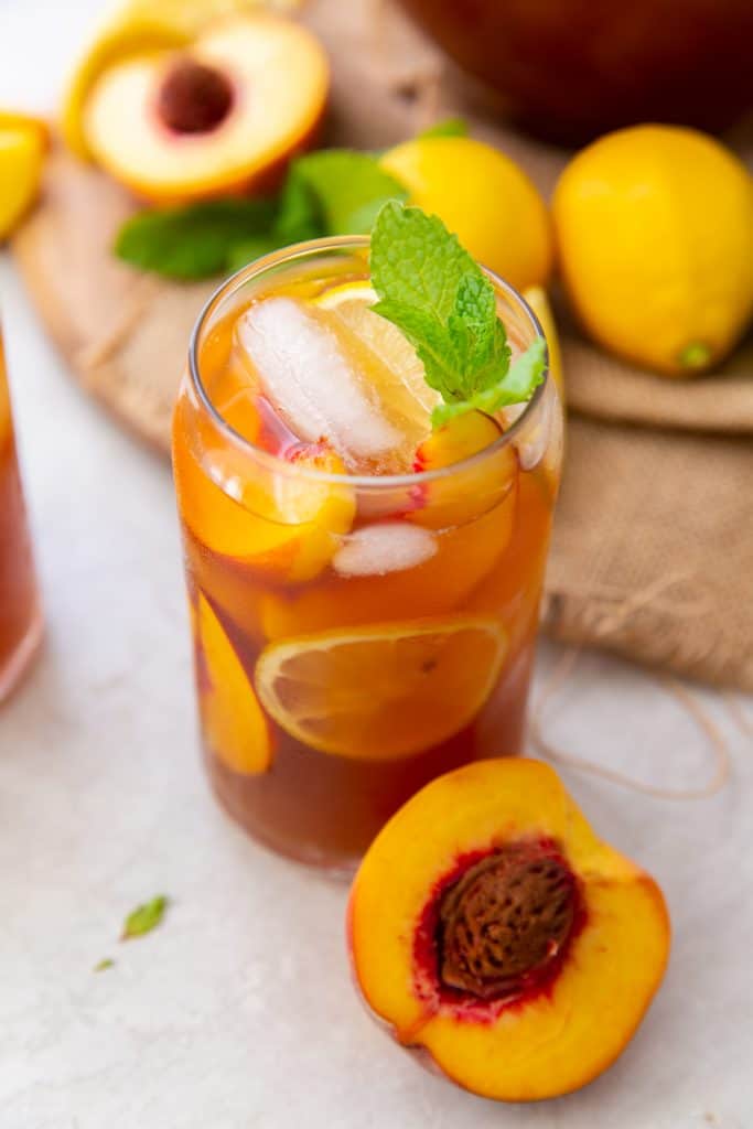 Peach Iced Tea with Mint Leaf
